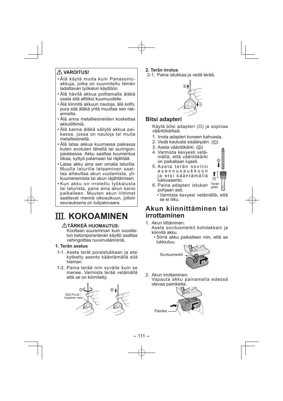 Kokoaminen, Akun kiinnittäminen tai irrottaminen, Bitsi adapteri | Panasonic EY7840 User Manual | Page 111 / 144