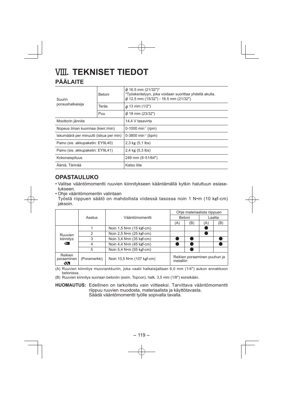 Tekniset tiedot, Päälaite, Opastauluko | Panasonic EY7840 User Manual | Page 119 / 144