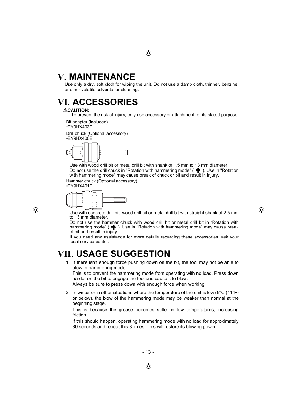 V. maintenance, Vi. accessories, Vii. usage suggestion | Panasonic EY7840 User Manual | Page 13 / 144