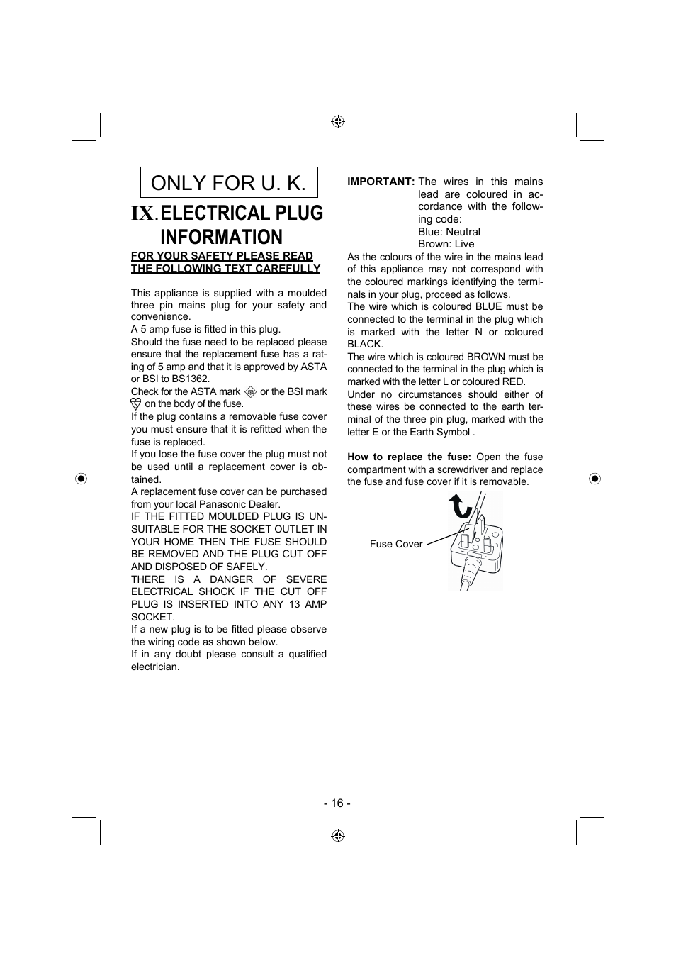 Ix . electrical plug information, Only for u. k | Panasonic EY7840 User Manual | Page 16 / 144