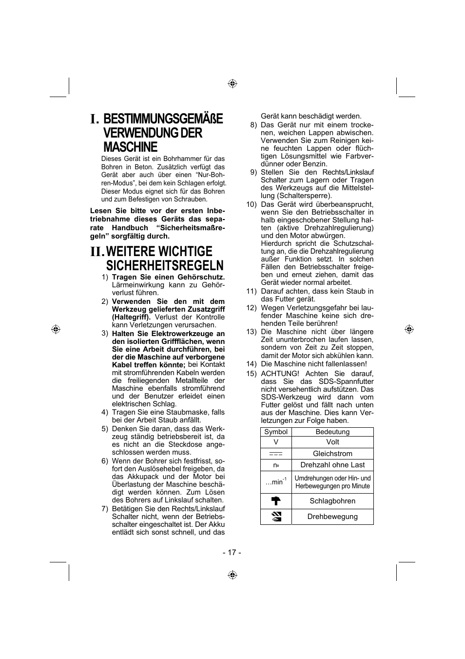 I. bestimmungsgemäße verwendung der maschine, Ii. weitere wichtige sicherheitsregeln | Panasonic EY7840 User Manual | Page 17 / 144