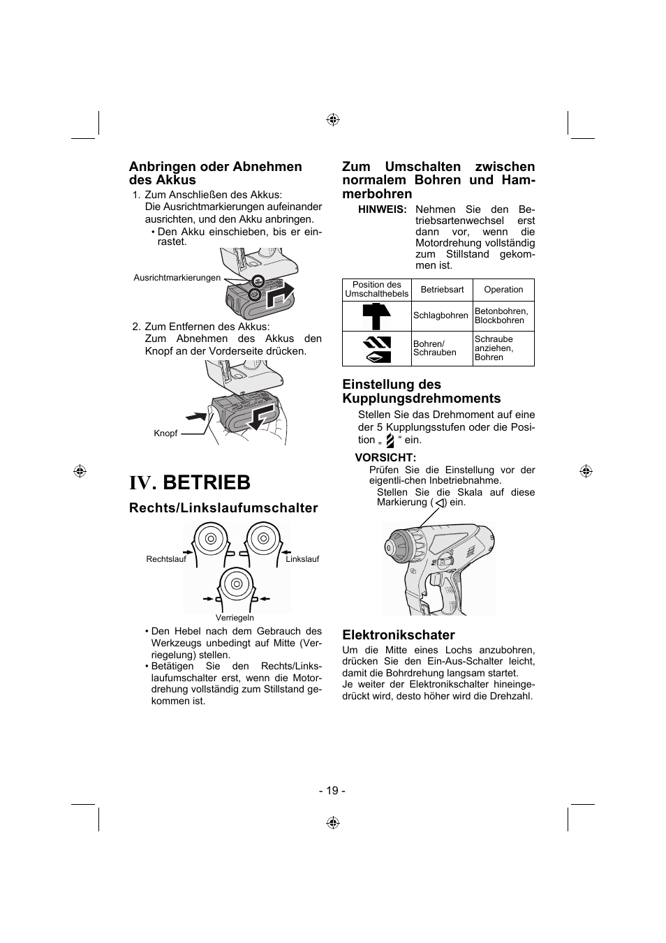 Iv. betrieb, Anbringen oder abnehmen des akkus, Rechts/linkslaufumschalter | Einstellung des kupplungsdrehmoments, Elektronikschater | Panasonic EY7840 User Manual | Page 19 / 144