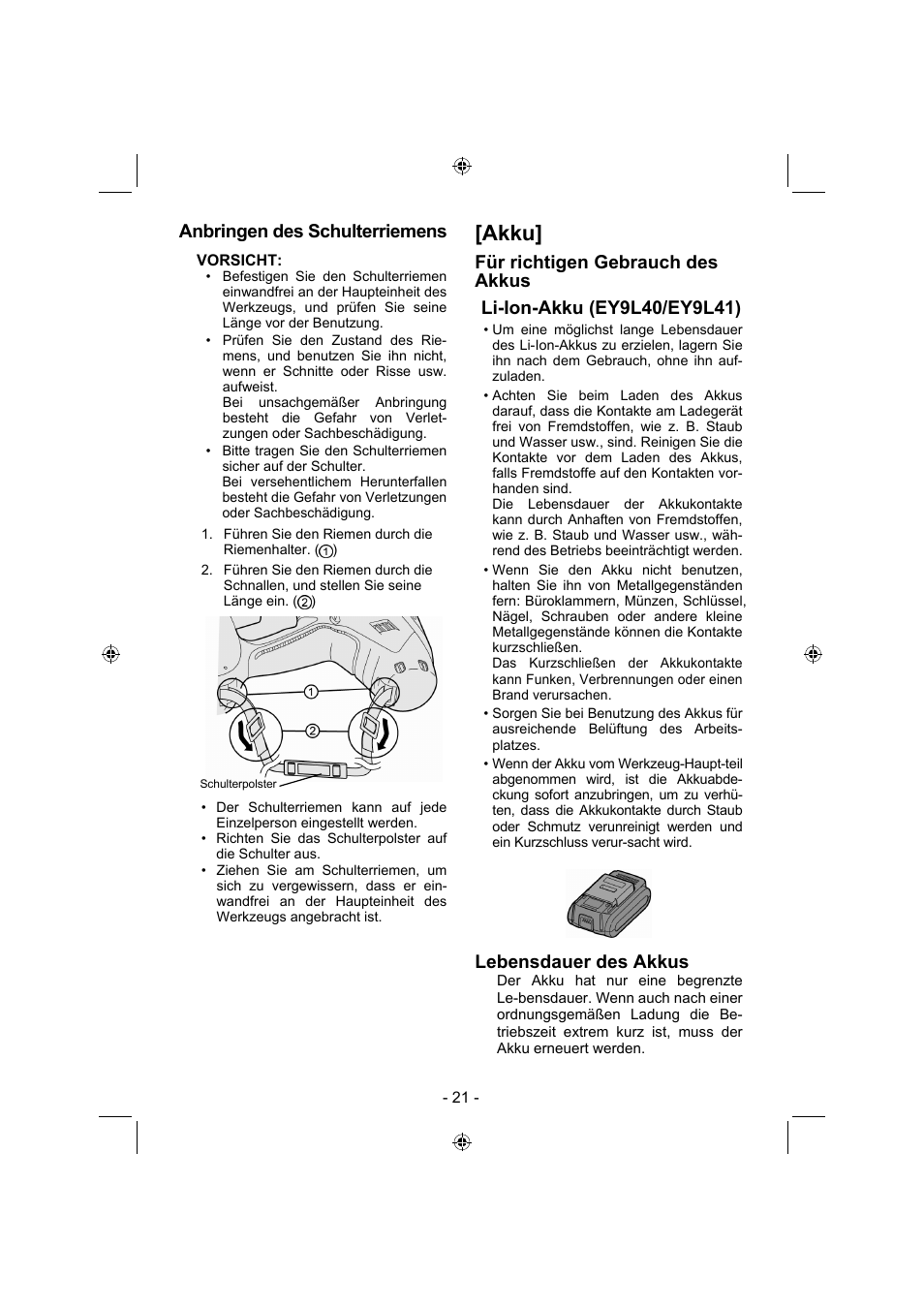 Akku, Anbringen des schulterriemens, Lebensdauer des akkus | Panasonic EY7840 User Manual | Page 21 / 144