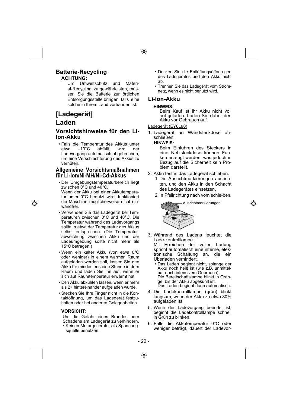 Ladegerät] laden, Batterie-recycling, Vorsichtshinweise für den li- ion-akku | Li-ion-akku | Panasonic EY7840 User Manual | Page 22 / 144