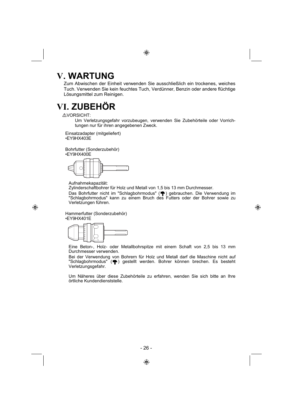 V. wartung, Vi. zubehör | Panasonic EY7840 User Manual | Page 26 / 144