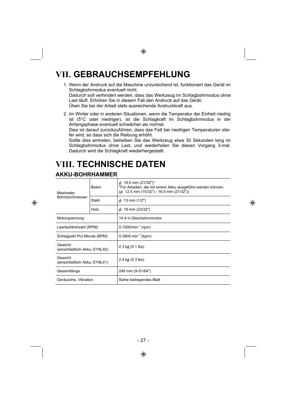 Vii. gebrauchsempfehlung, Viii. technische daten, Akku-bohrhammer | Panasonic EY7840 User Manual | Page 27 / 144