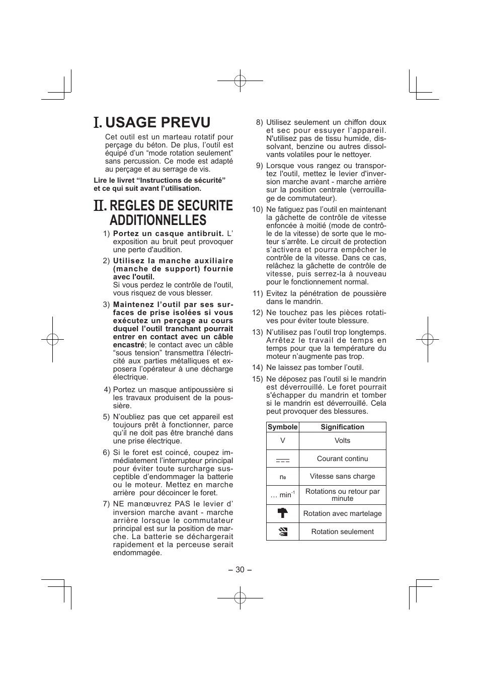 Usage prevu, Regles de securite additionnelles | Panasonic EY7840 User Manual | Page 30 / 144