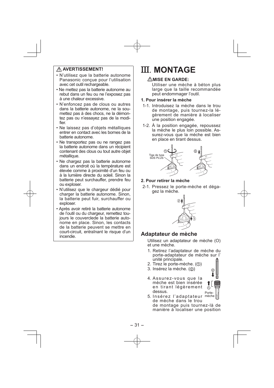 Montage, Adaptateur de mèche | Panasonic EY7840 User Manual | Page 31 / 144