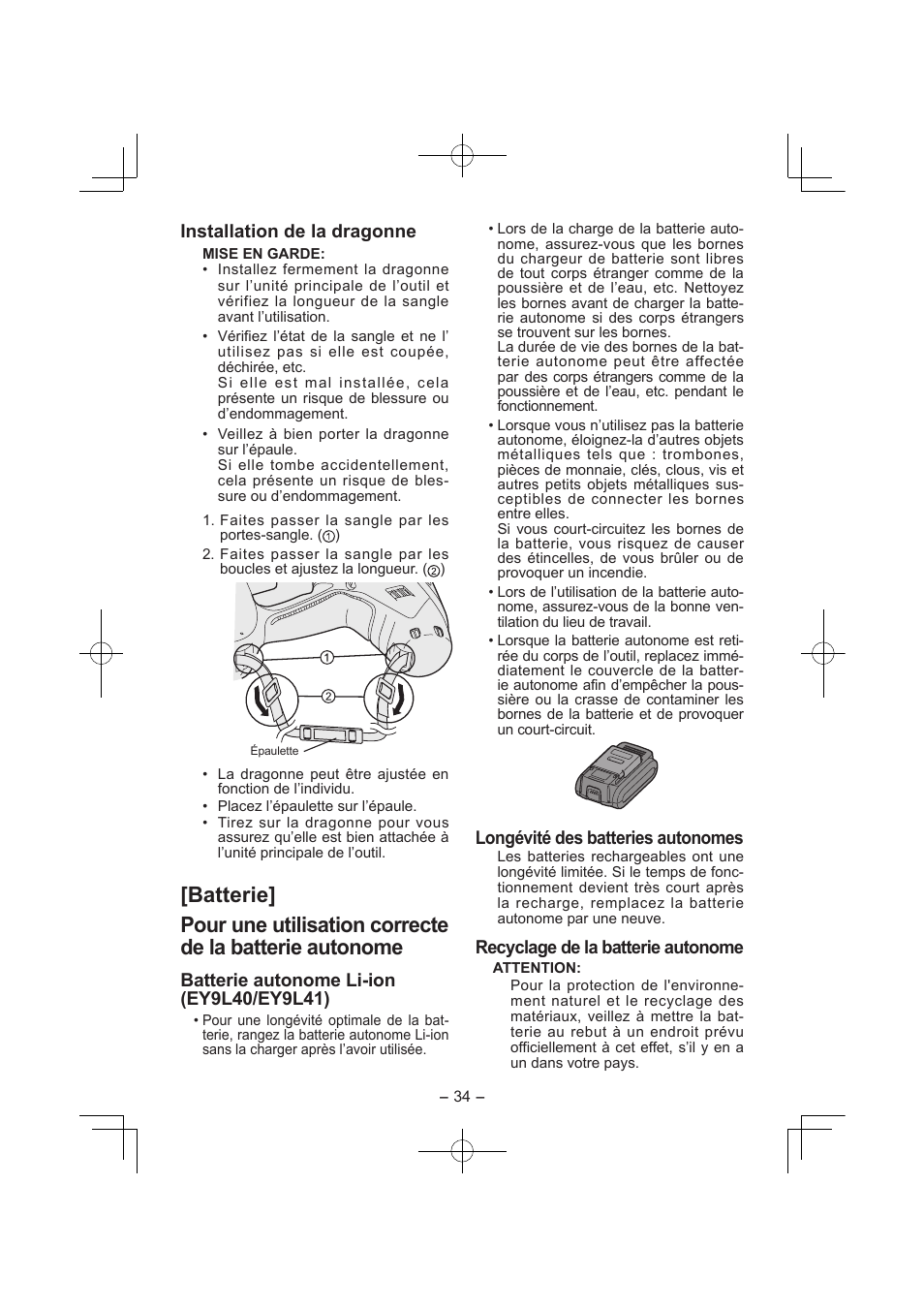 Installation de la dragonne, Longévité des batteries autonomes, Recyclage de la batterie autonome | Panasonic EY7840 User Manual | Page 34 / 144