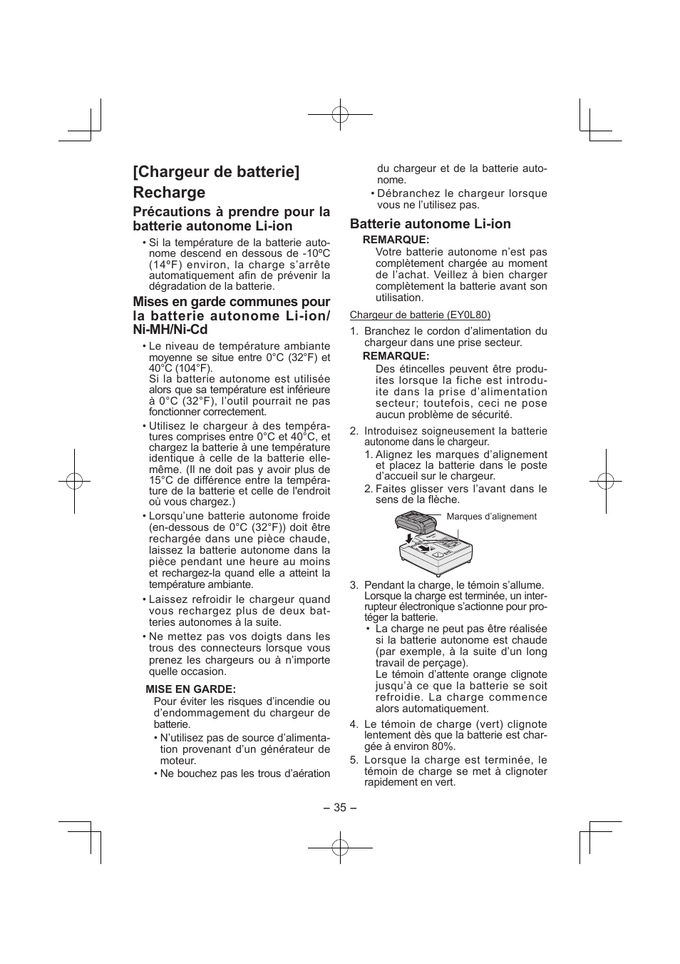 Chargeur de batterie] recharge, Batterie autonome li­ion | Panasonic EY7840 User Manual | Page 35 / 144