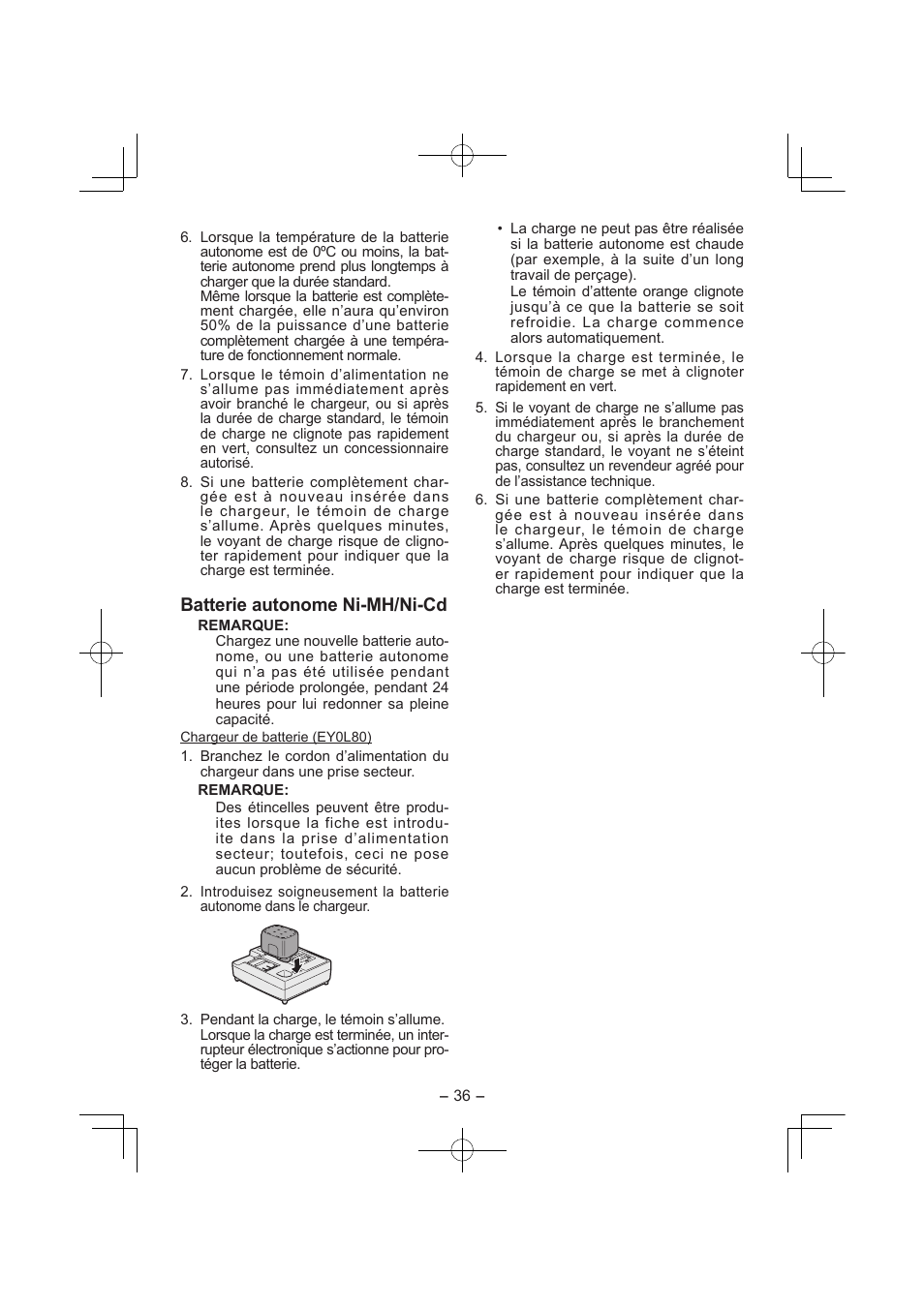 Batterie autonome ni­mh/ni­cd | Panasonic EY7840 User Manual | Page 36 / 144