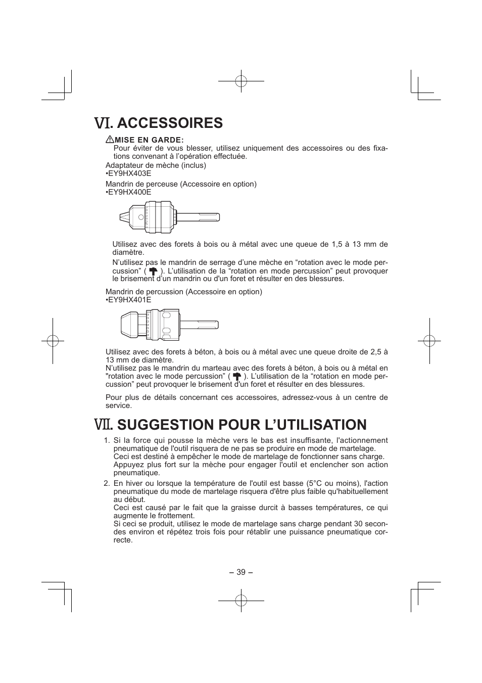 Accessoires, Suggestion pour l’utilisation | Panasonic EY7840 User Manual | Page 39 / 144