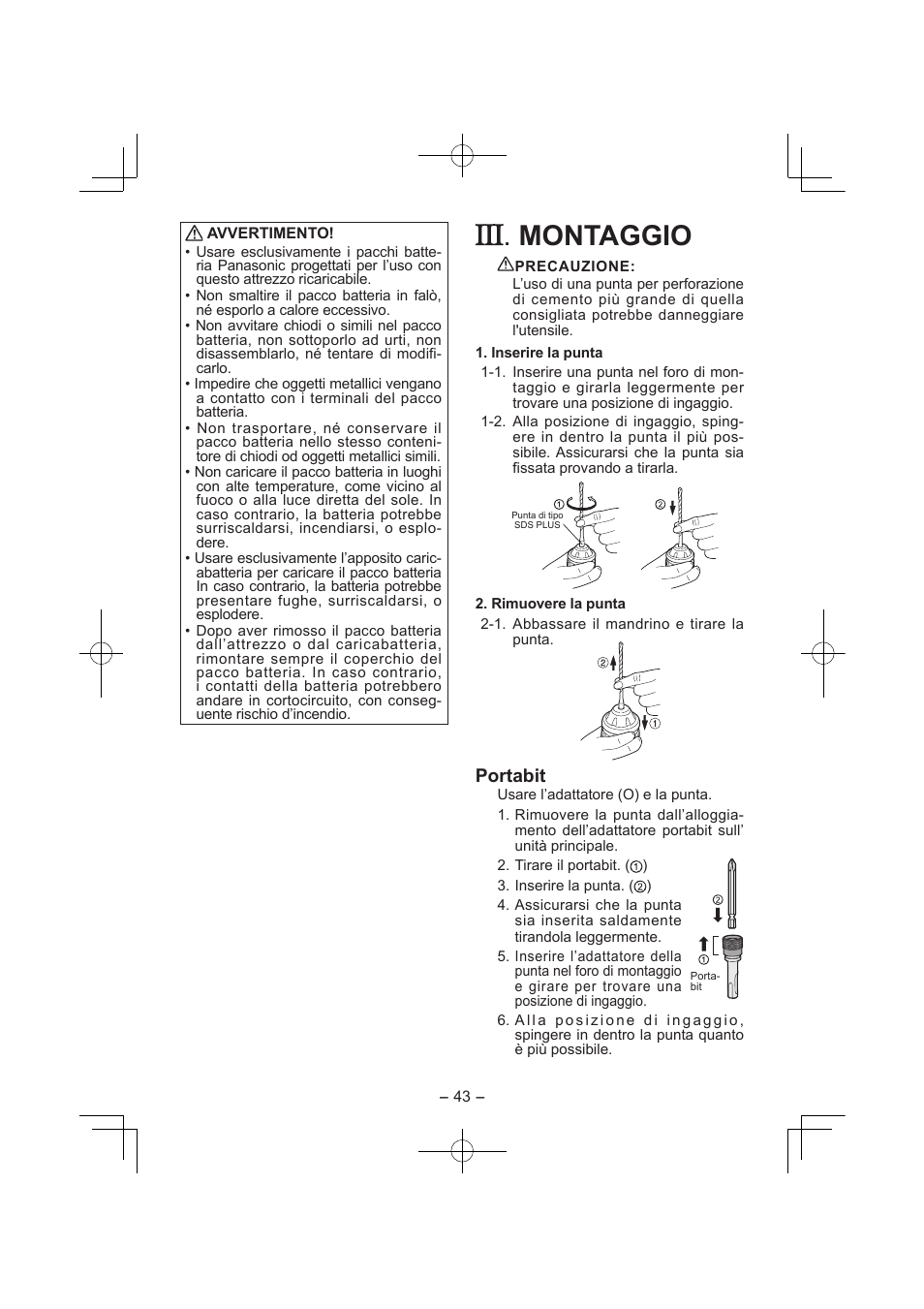 Montaggio, Portabit | Panasonic EY7840 User Manual | Page 43 / 144