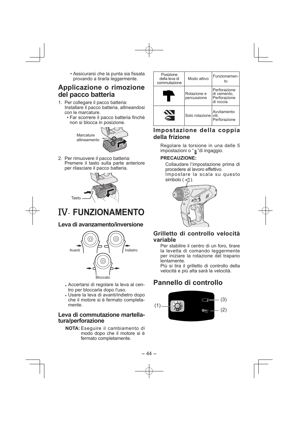 Funzionamento, Applicazione o rimozione del pacco batteria, Pannello di controllo | Leva di avanzamento/inversione, Leva di commutazione martella­ tura/perforazione, Impostazione della coppia della frizione, Grilletto di controllo velocità variable | Panasonic EY7840 User Manual | Page 44 / 144