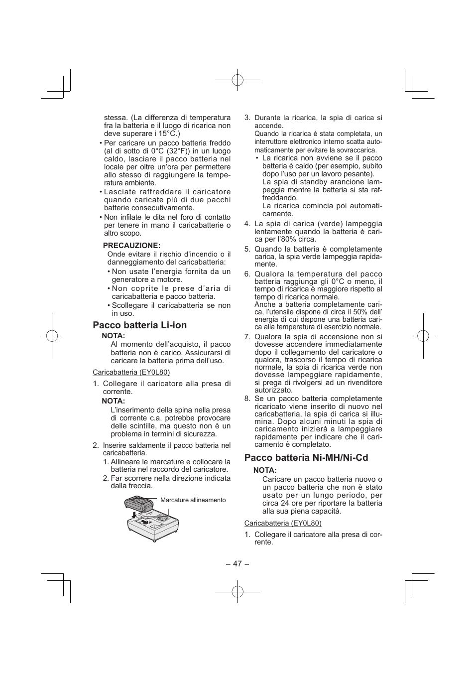 Pacco batteria li­ion, Pacco batteria ni­mh/ni­cd | Panasonic EY7840 User Manual | Page 47 / 144