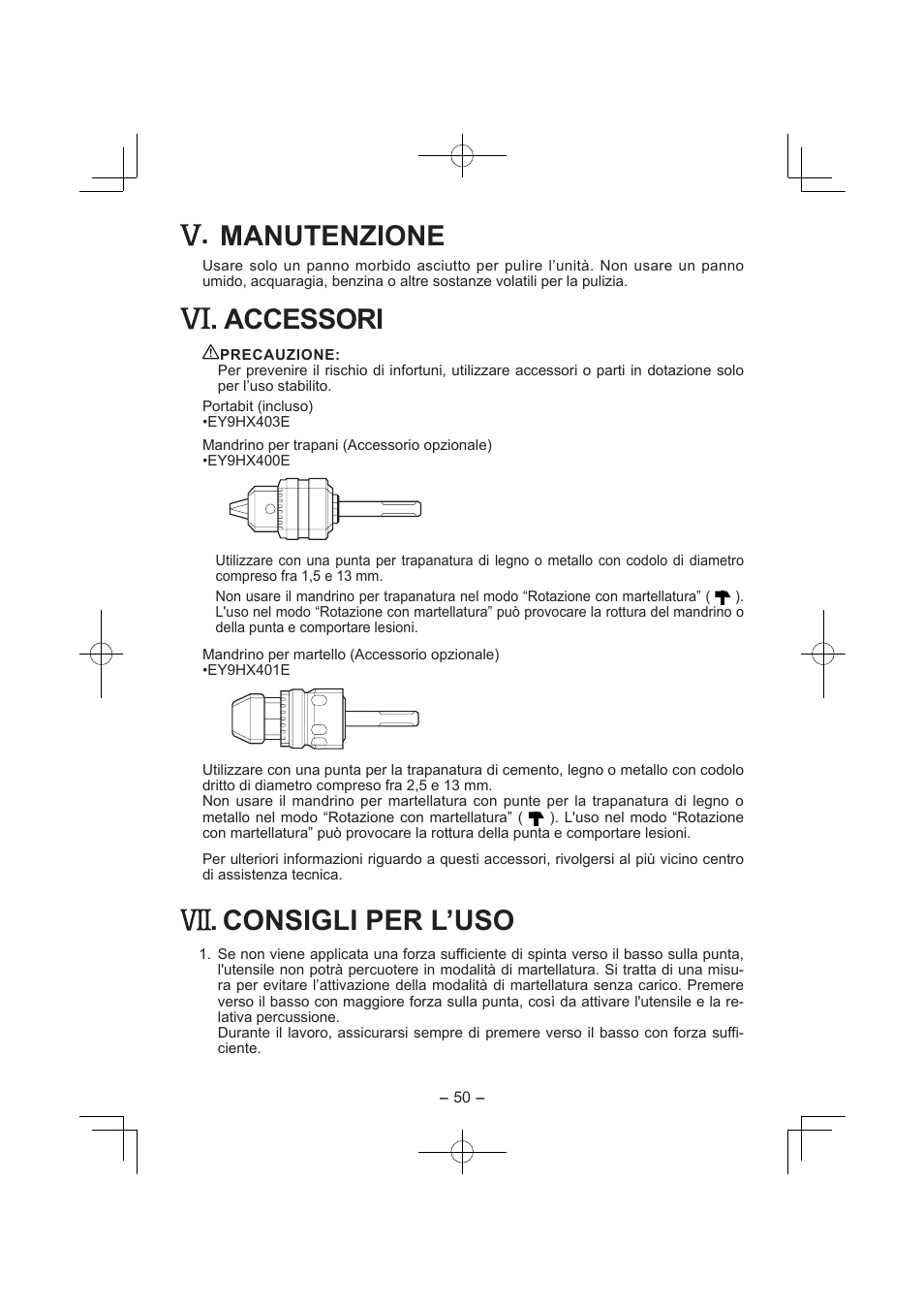 Manutenzione, Accessori, Consigli per l’uso | Panasonic EY7840 User Manual | Page 50 / 144