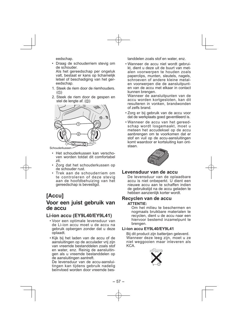 Accu] voor een juist gebruik van de accu, Levensduur van de accu, Recyclen van de accu | Panasonic EY7840 User Manual | Page 57 / 144