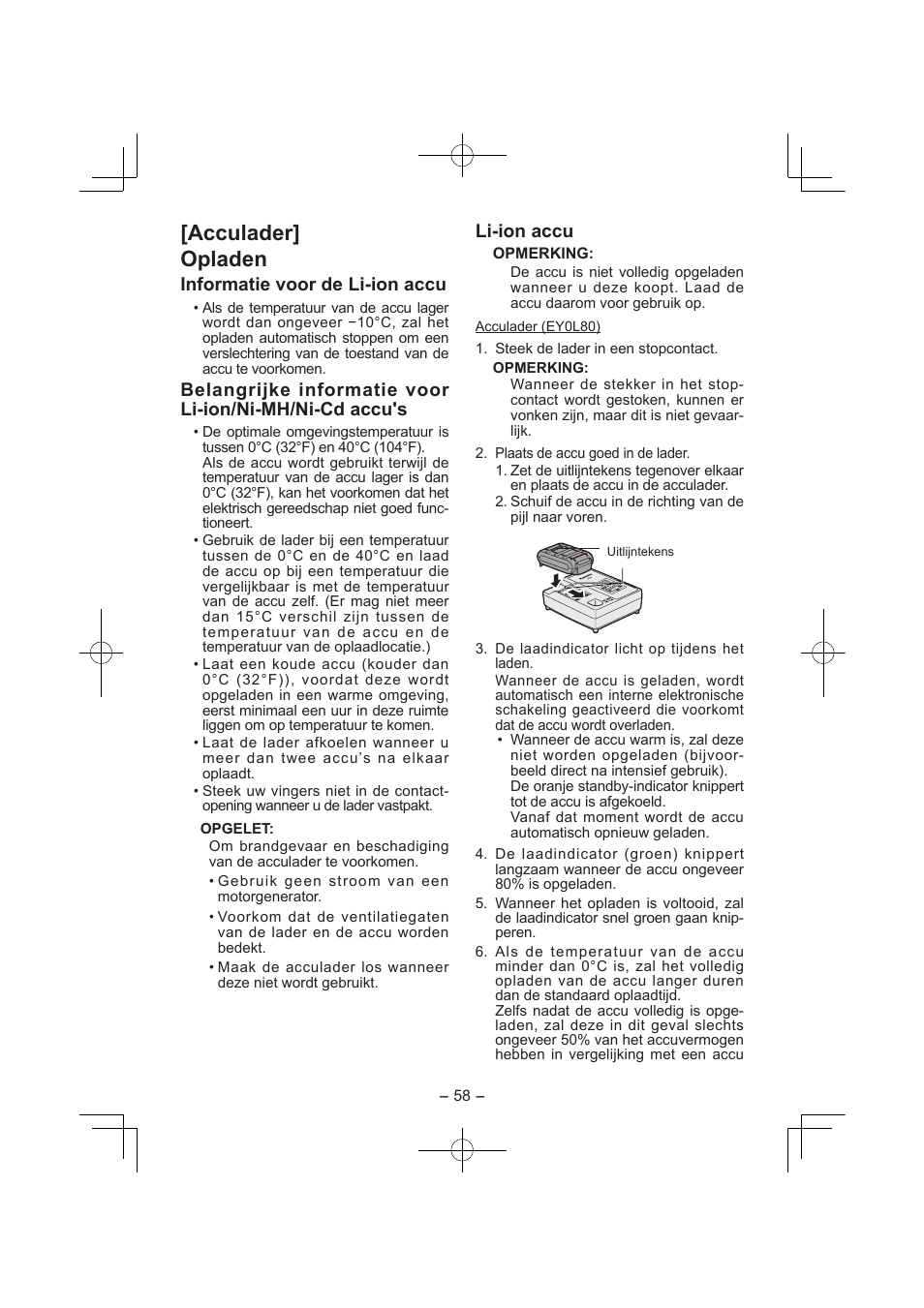 Acculader] opladen, Informatie voor de li­ion accu, Li­ion accu | Panasonic EY7840 User Manual | Page 58 / 144