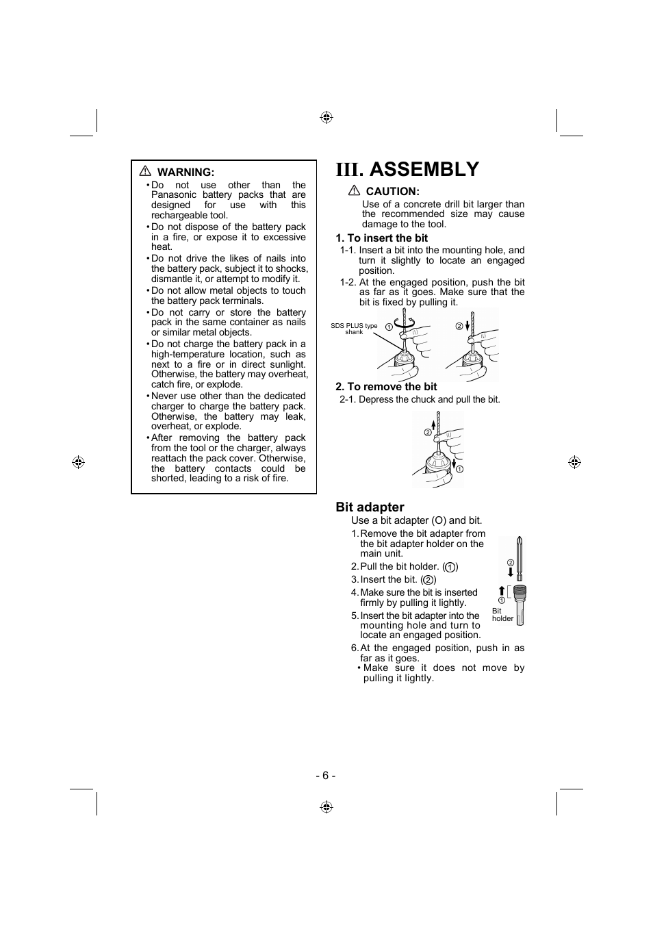 Iii. assembly, Bit adapter | Panasonic EY7840 User Manual | Page 6 / 144