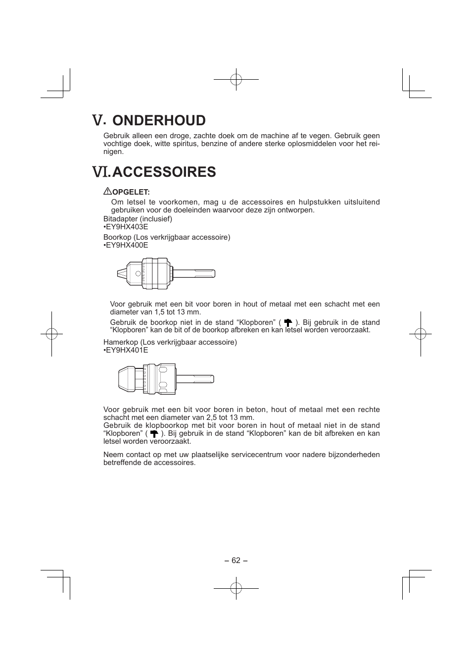 Onderhoud, Accessoires | Panasonic EY7840 User Manual | Page 62 / 144