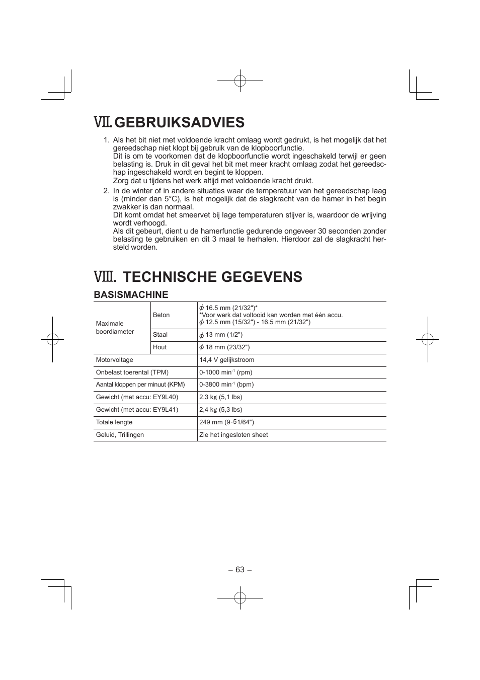 Gebruiksadvies, Technische gegevens, Basismachine | Panasonic EY7840 User Manual | Page 63 / 144