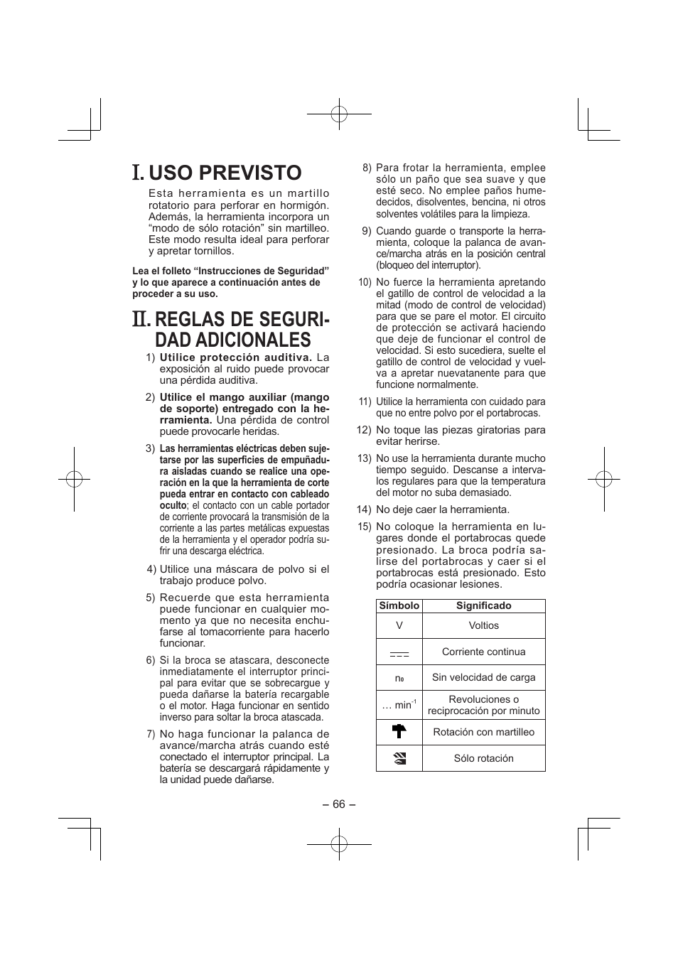 Uso previsto, Reglas de seguri­ dad adicionales | Panasonic EY7840 User Manual | Page 66 / 144