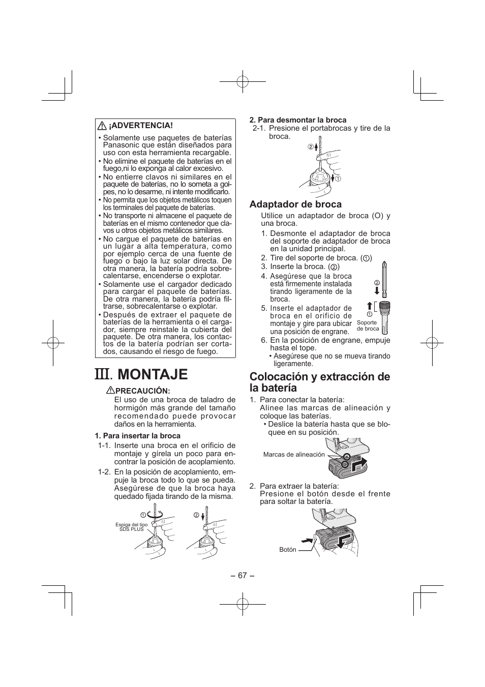 Montaje, Colocación y extracción de la batería, Adaptador de broca | Panasonic EY7840 User Manual | Page 67 / 144