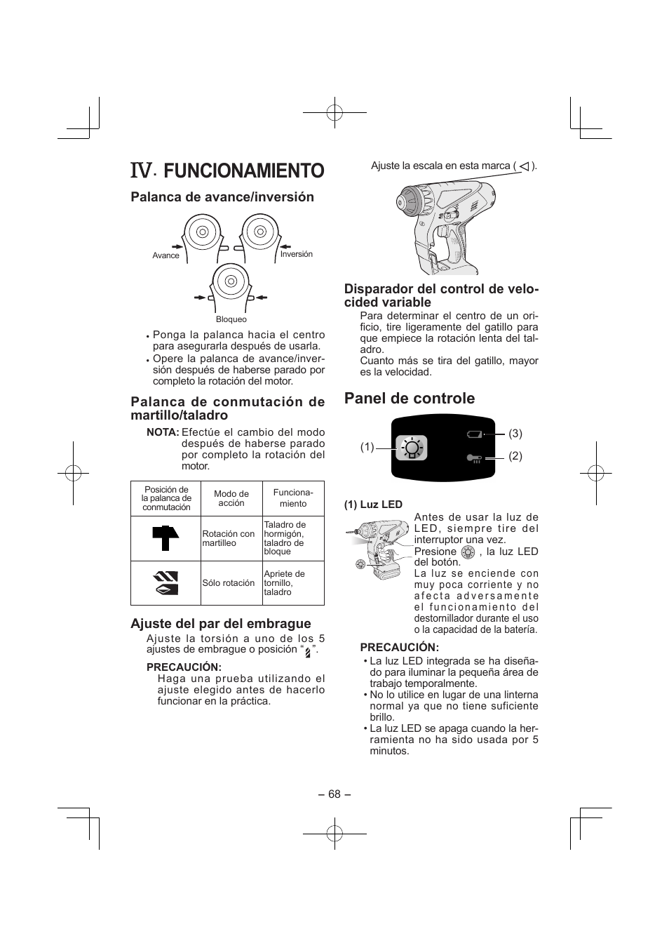 Funcionamiento, Panel de controle, Palanca de avance/inversión | Palanca de conmutación de martillo/taladro, Ajuste del par del embrague, Disparador del control de velo­ cided variable | Panasonic EY7840 User Manual | Page 68 / 144