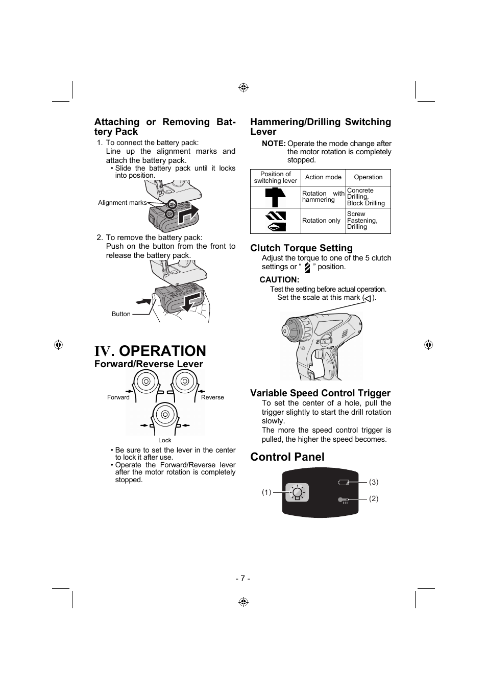 Iv. operation, Control panel, Attaching or removing bat- tery pack | Forward/reverse lever, Hammering/drilling switching lever, Clutch torque setting, Variable speed control trigger | Panasonic EY7840 User Manual | Page 7 / 144