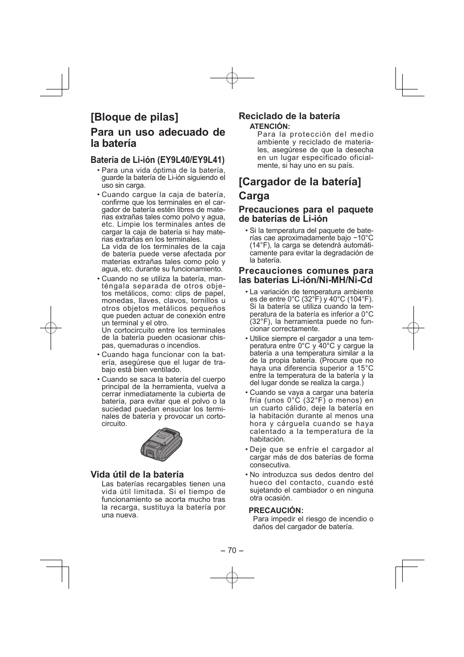 Cargador de la batería] carga | Panasonic EY7840 User Manual | Page 70 / 144