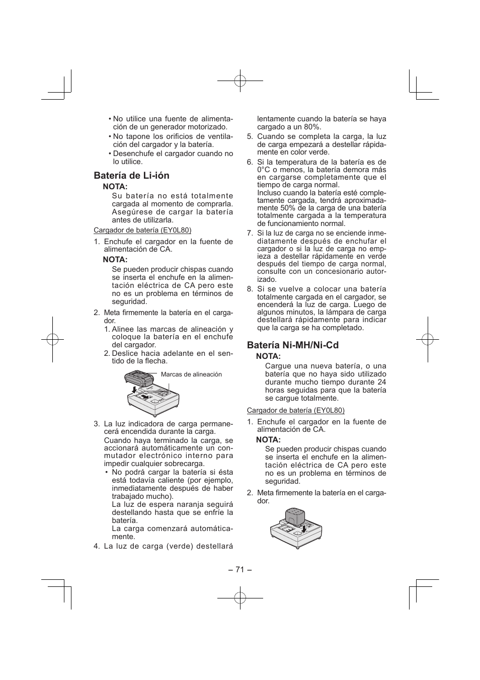 Batería de li­ión, Batería ni­mh/ni­cd | Panasonic EY7840 User Manual | Page 71 / 144