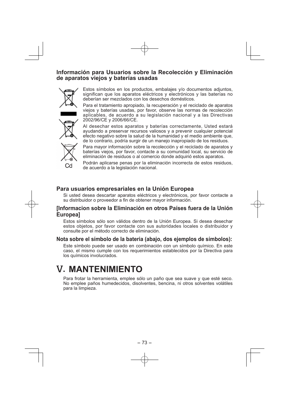 Mantenimiento | Panasonic EY7840 User Manual | Page 73 / 144