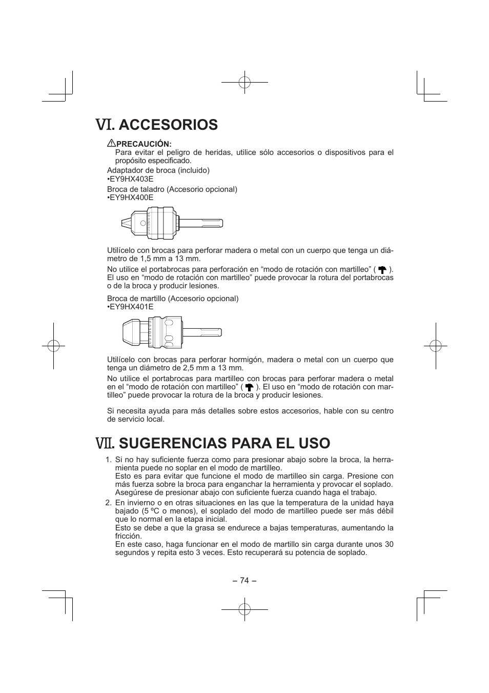 Accesorios, Sugerencias para el uso | Panasonic EY7840 User Manual | Page 74 / 144