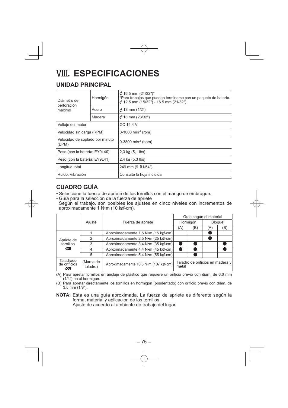 Especificaciones, Unidad principal, Cuadro guía | Panasonic EY7840 User Manual | Page 75 / 144