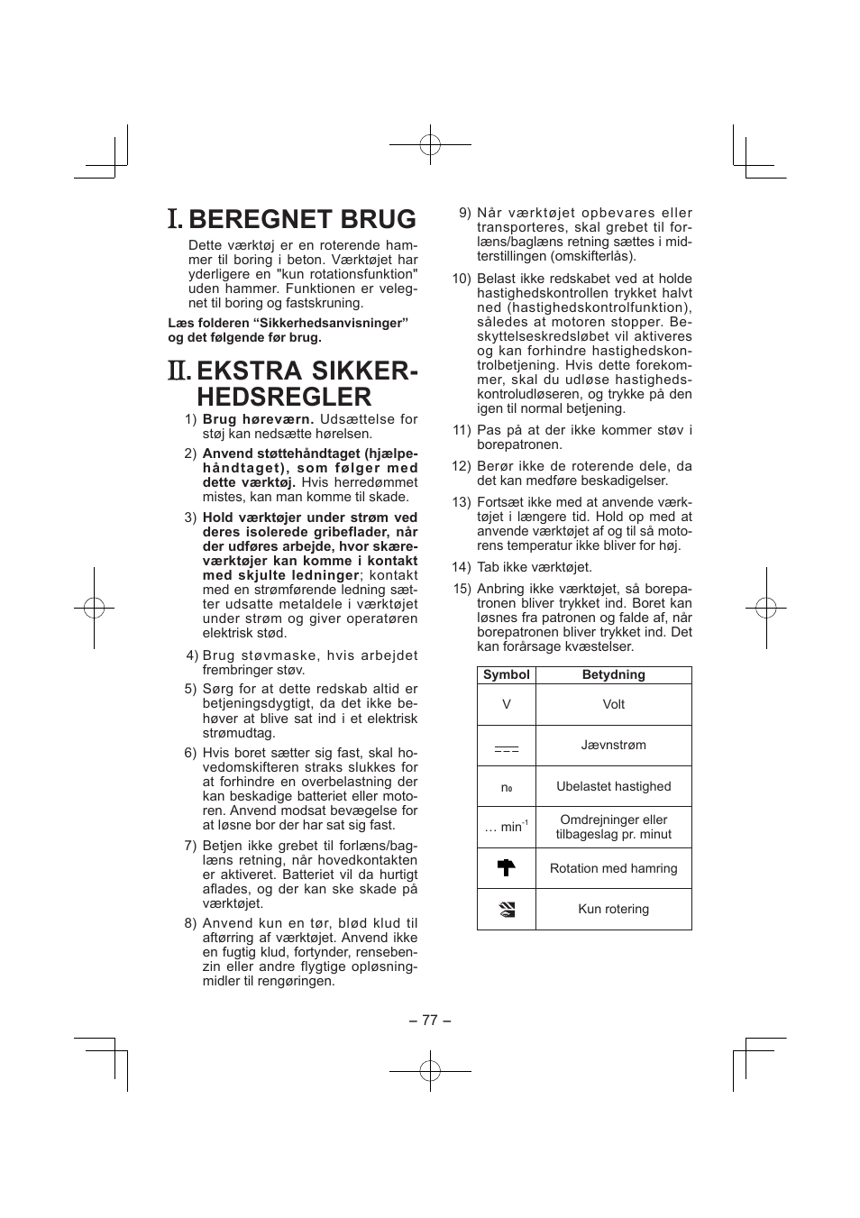 Beregnet brug, Ekstra sikker­ hedsregler | Panasonic EY7840 User Manual | Page 77 / 144