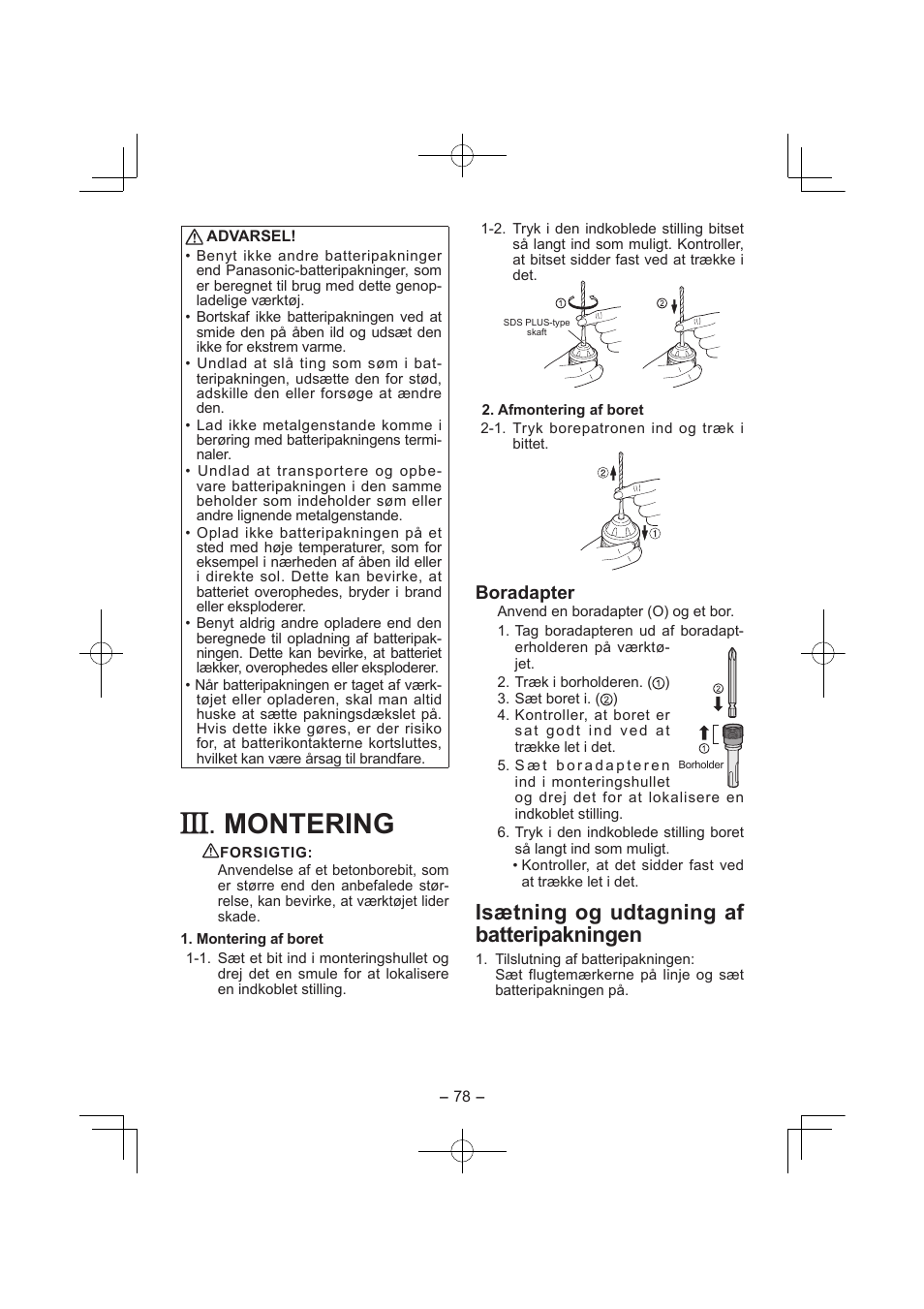 Montering, Isætning og udtagning af batteripakningen, Boradapter | Panasonic EY7840 User Manual | Page 78 / 144