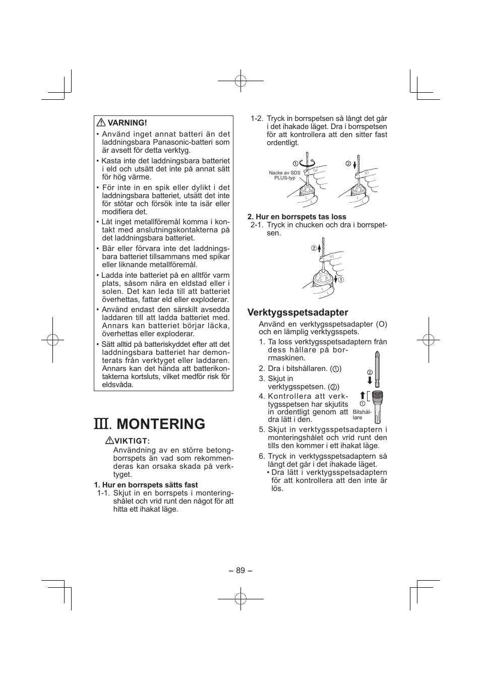 Montering, Verktygsspetsadapter | Panasonic EY7840 User Manual | Page 89 / 144