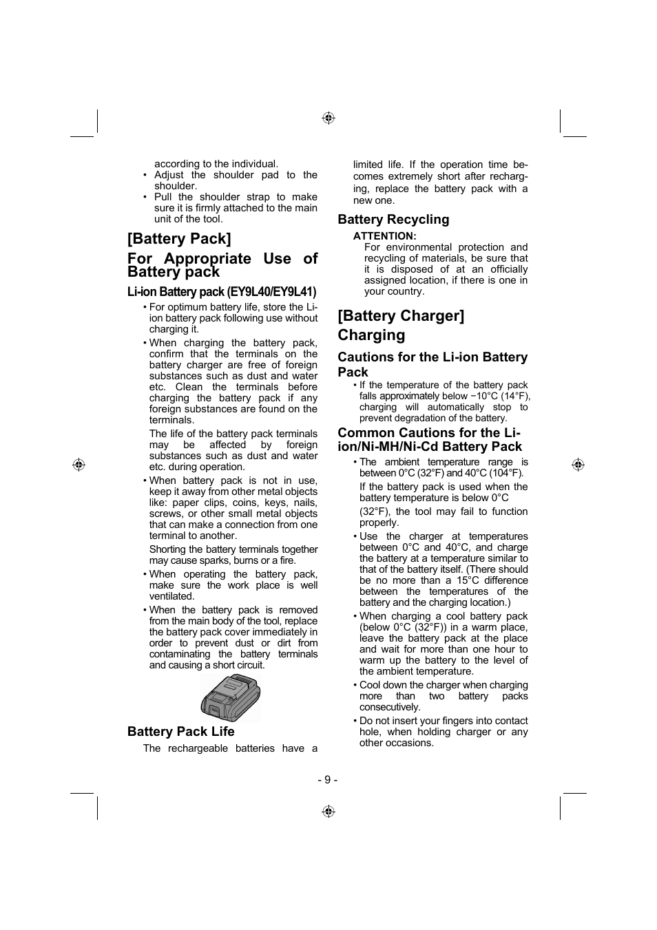 Battery pack] for appropriate use of battery pack, Battery charger] charging, Battery pack life | Battery recycling, Cautions for the li-ion battery pack | Panasonic EY7840 User Manual | Page 9 / 144