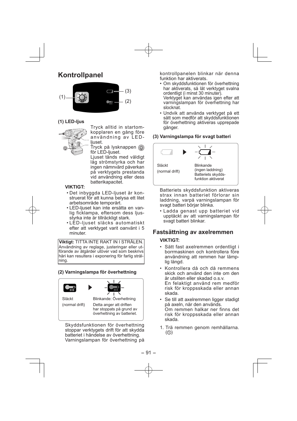 Kontrollpanel, Fastsättning av axelremmen | Panasonic EY7840 User Manual | Page 91 / 144