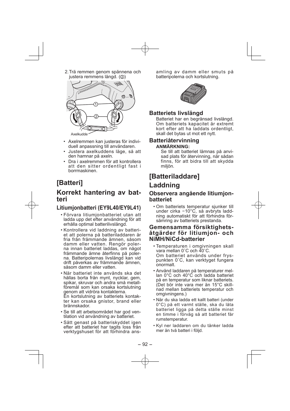 Batteri] korrekt hantering av bat­ teri, Batteriladdare] laddning | Panasonic EY7840 User Manual | Page 92 / 144