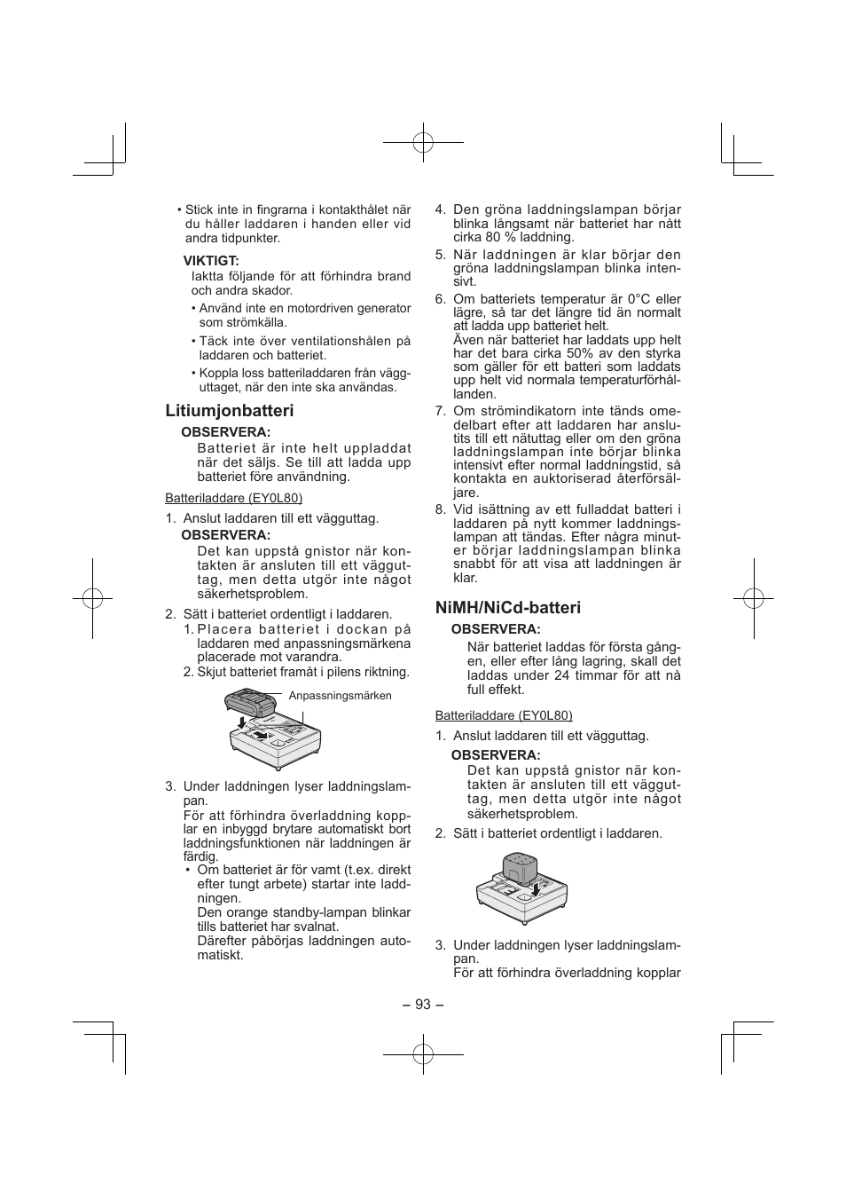 Litiumjonbatteri, Nimh/nicd­batteri | Panasonic EY7840 User Manual | Page 93 / 144