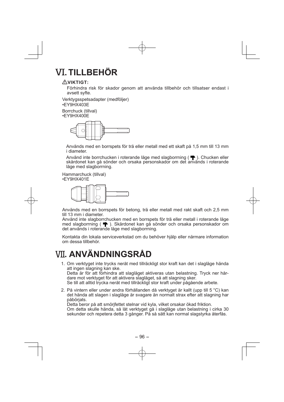 Tillbehör, Användningsråd | Panasonic EY7840 User Manual | Page 96 / 144