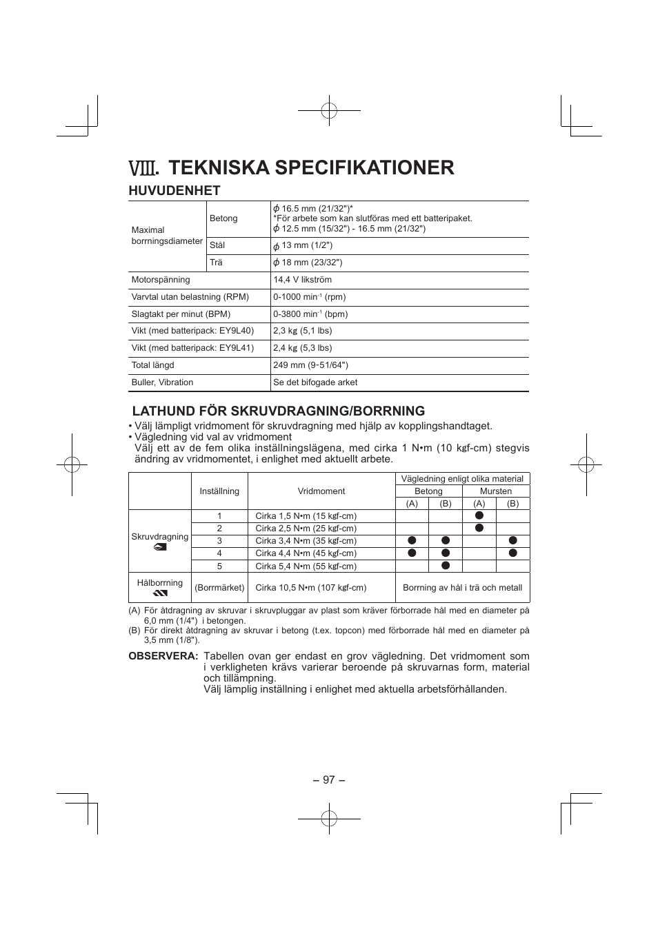 Tekniska specifikationer, Huvudenhet, Lathund för skruvdragning/borrning | Panasonic EY7840 User Manual | Page 97 / 144