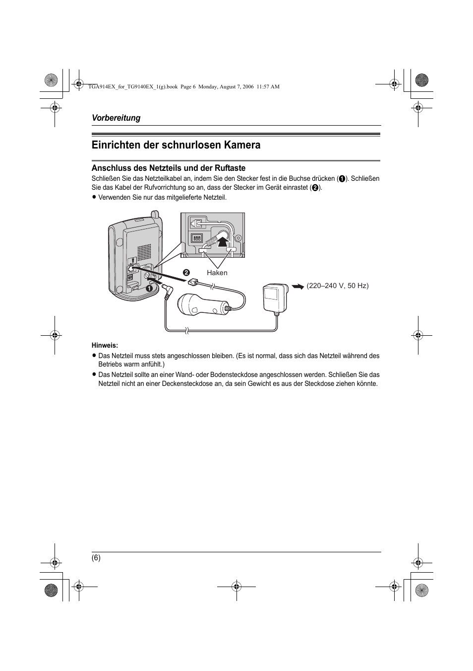 Einrichten der schnurlosen kamera, Anschluss des netzteils und der ruftaste, Hinweis | Panasonic KXTG9140EXX User Manual | Page 26 / 60