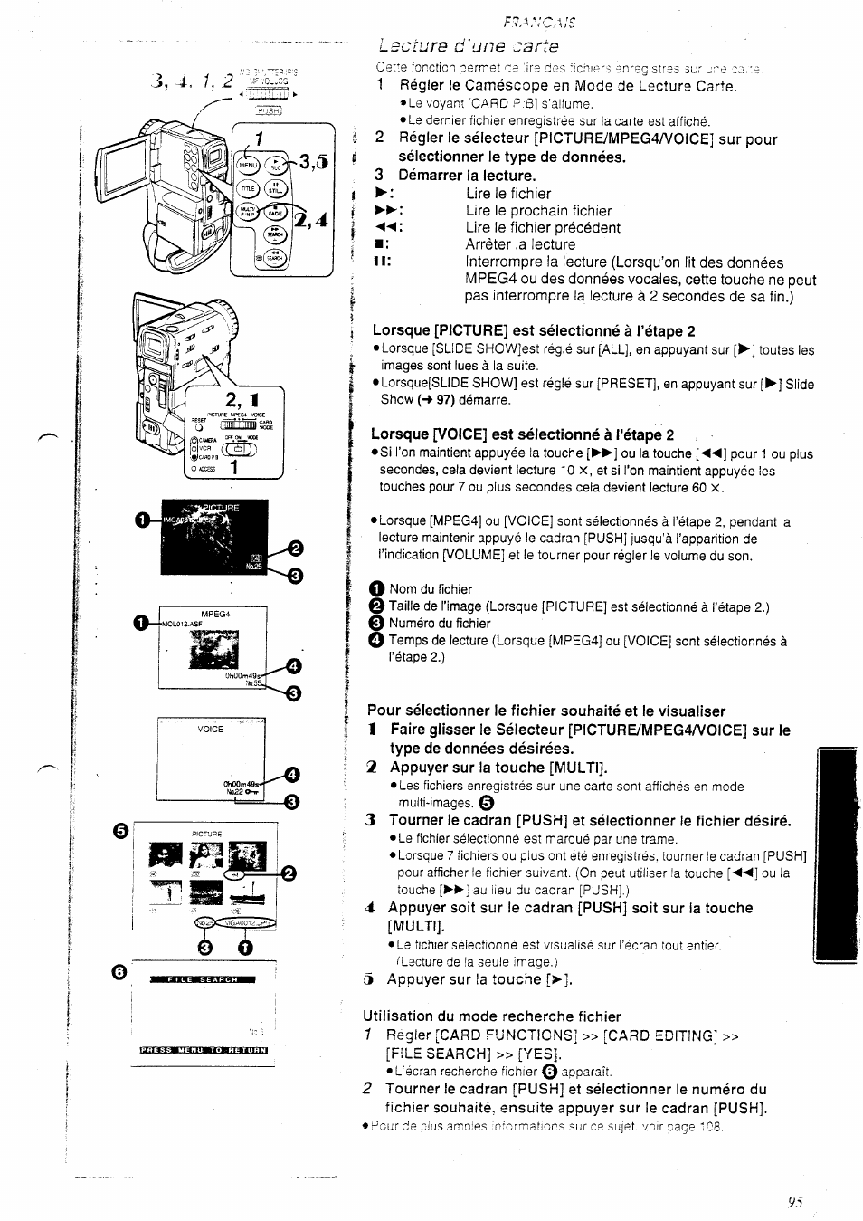 3 démarrer la lecture, Lorsque [picture] est sélectionné à l’étape 2, Lorsque [voice] est sélectionné à l'étape 2 | Type de données désirées, 2 appuyer sur la touche [multi, Multi, Lsciure û'une carte | Panasonic NVEX21EG User Manual | Page 39 / 64