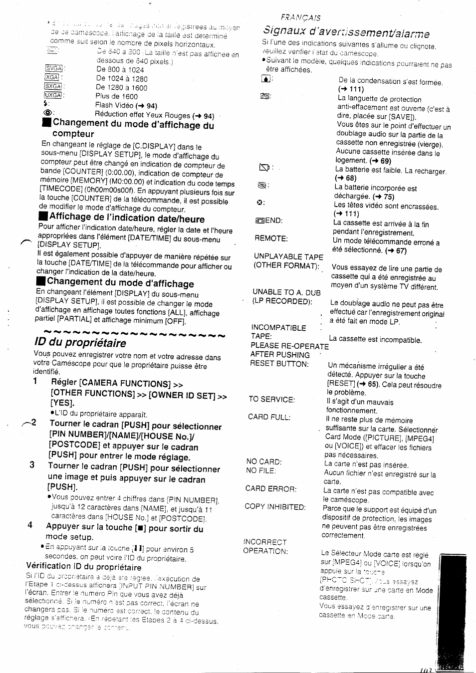 Id du propriétaire, 1 régler [camera functions, Other functions] » [owner id set] » [yes | M11), Signaux d'avenissamenî/aiarme | Panasonic NVEX21EG User Manual | Page 47 / 64