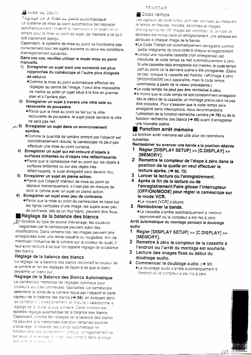5) enregistrer un sujet en pleine action, 6) enregistrer un sujet avec peu de contraste, Réglage de la balance des blancs | 4 commencer le doublage audio. (-> 90) | Panasonic NVEX21EG User Manual | Page 59 / 64