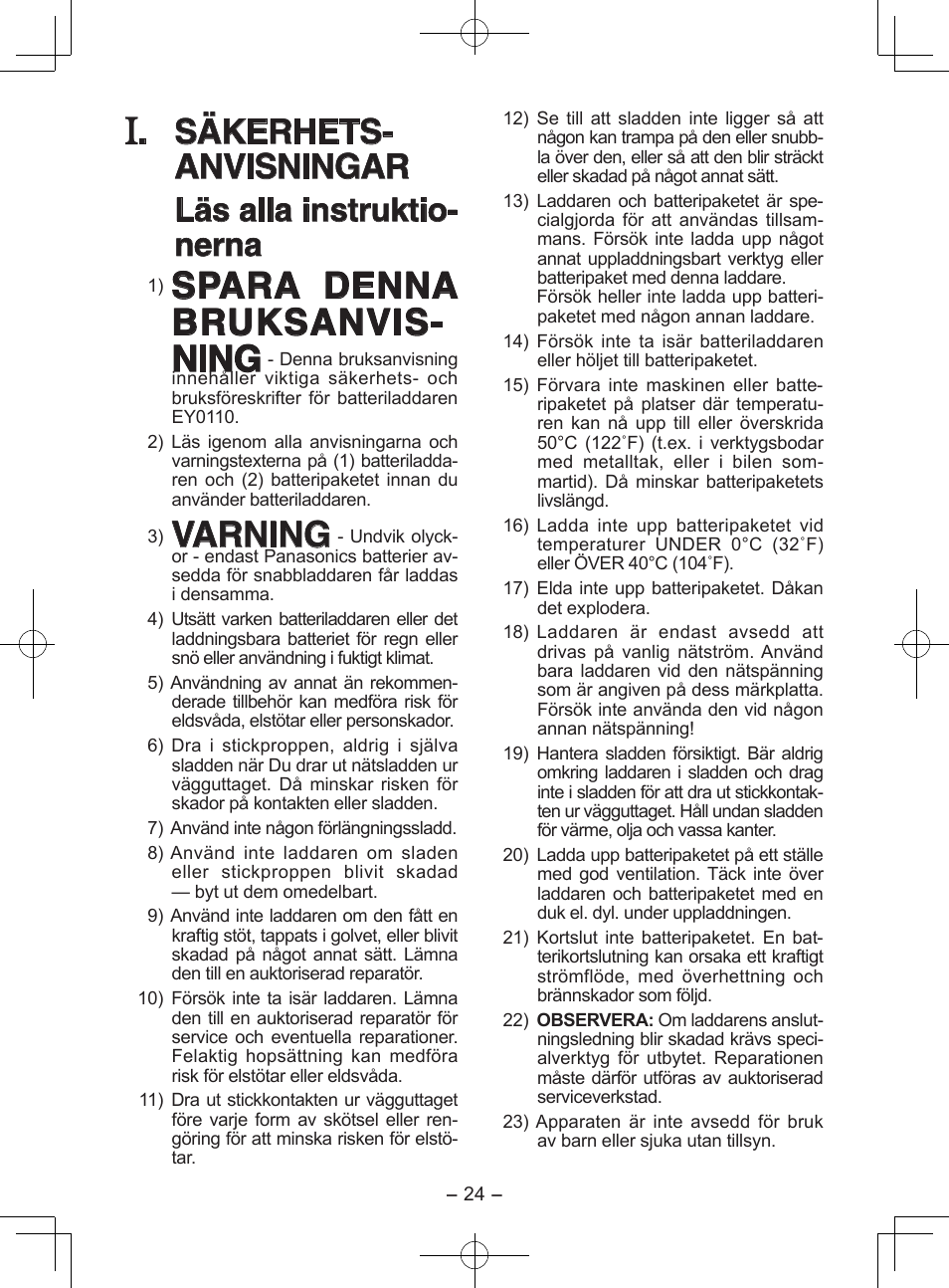 Spara denna bruksanvis- ning, Varning, Säkerhets- anvisningar | Läs alla instruktio- nerna | Panasonic EY0110 User Manual | Page 24 / 40