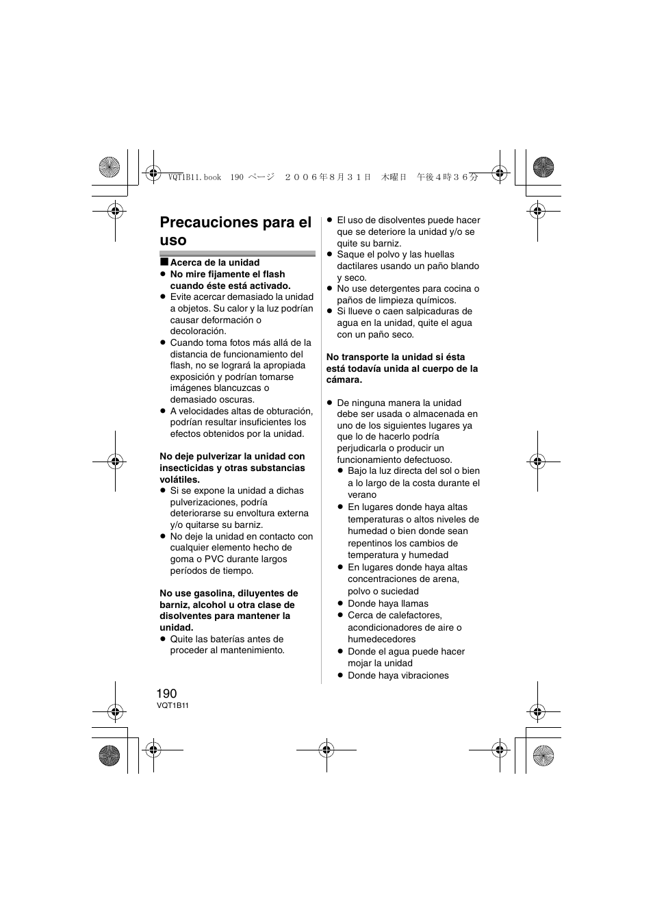 Precauciones para el uso | Panasonic DMWFL360E User Manual | Page 190 / 196