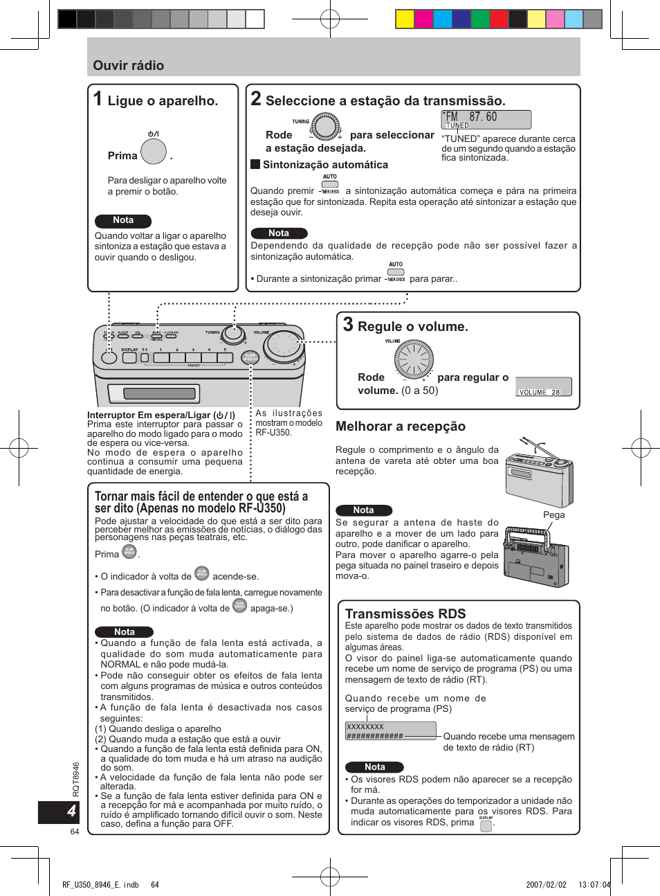 Ouvir rádio, Ligue o aparelho, Regule o volume | Melhorar a recepção, Seleccione a estação da transmissão, Transmissões rds | Panasonic RFU350 User Manual | Page 64 / 80